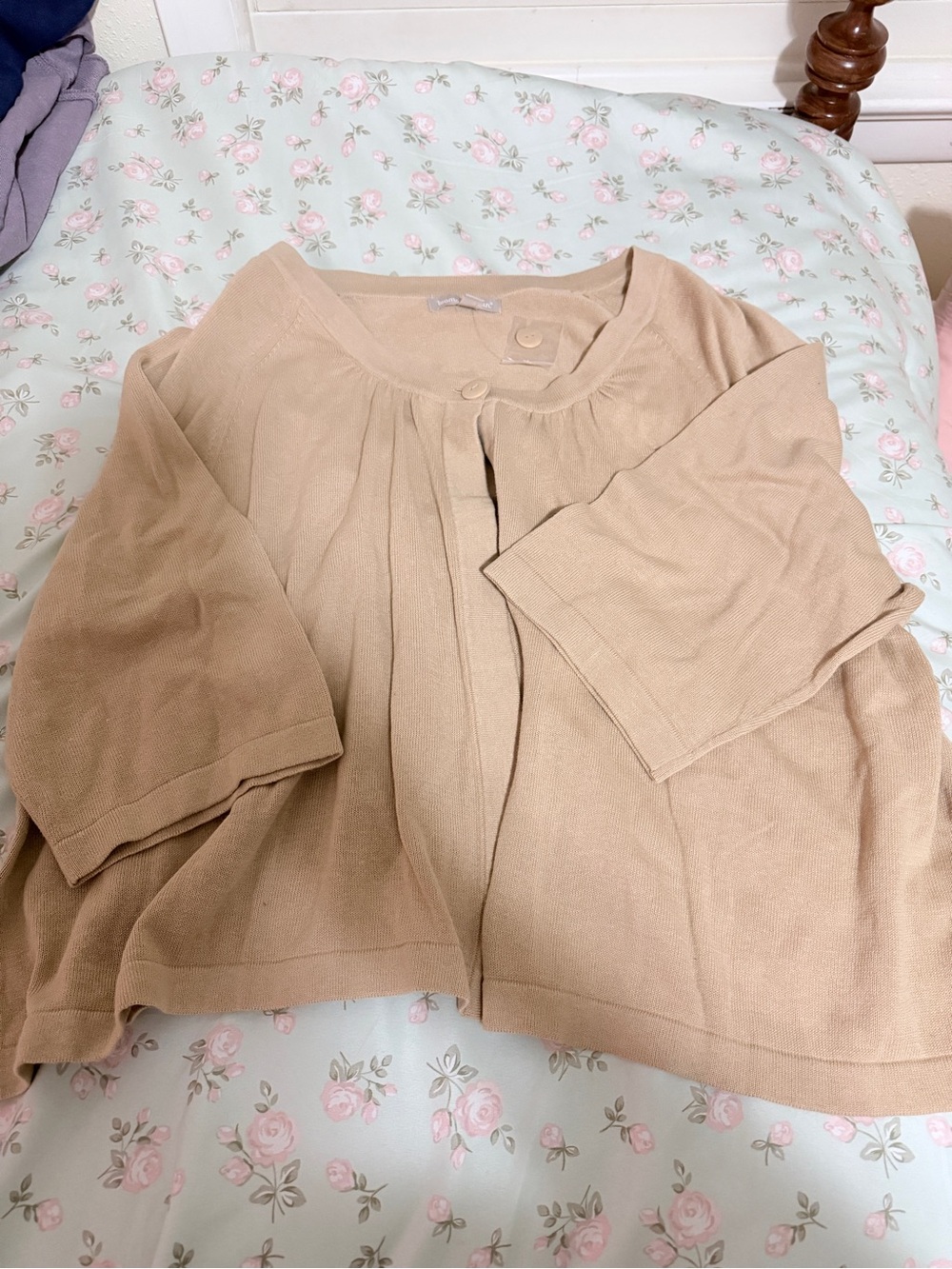 Woman Within Tan Button-Accent Pleated Knit Cardigan